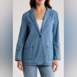 Women's Blue Denim Jacket, Comfy Knit Air Denim Blazer with  Pockets Size L
